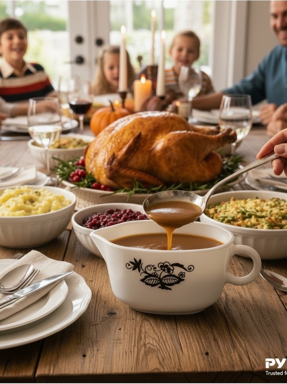 Pyrex White Gravy Boat with Black Floral Motif